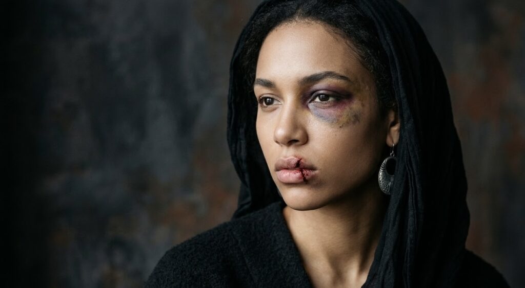 Lady with SFX black eye and split lip make up